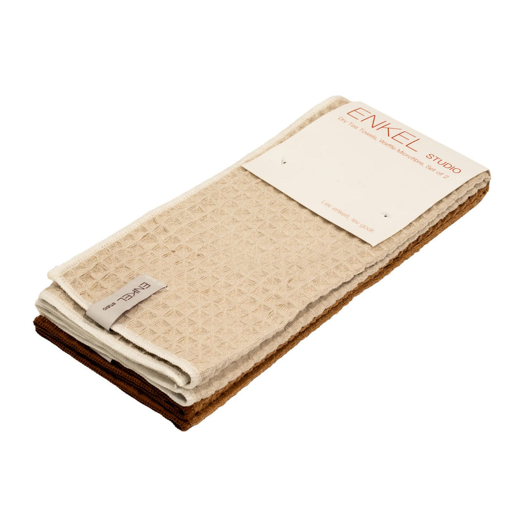 ENKEL STUDIO Dry Tea Towels, Waffle Microfibre, Sand/Caramel (Set of 2)