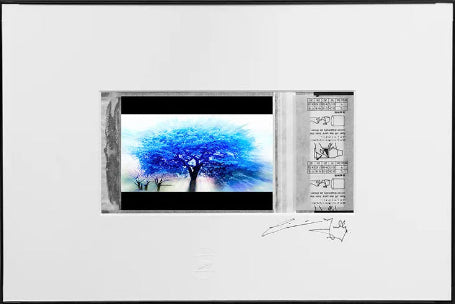 A framed art print or poster featuring a central rectangular artwork of a blue tree with a black-and-white comic-style panel on the right, set against a large white mat on a dark gray background.
