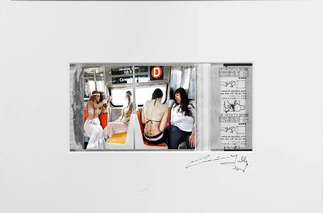 A framed photographic art print featuring a collage of subway scenes and comic-style panels, presented on a wide white mat against a dark gray background.